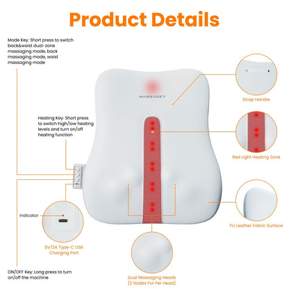 US Local 1 Set  Shiatsu Back Massager 3D Deep Tissue Kneading Massage Pillow Cordless USB Rechargeable With 3 Massaging Modes 2 Heating Levels 10Mins Auto-Off For Back Shoulder Waist Lumbar No Chair