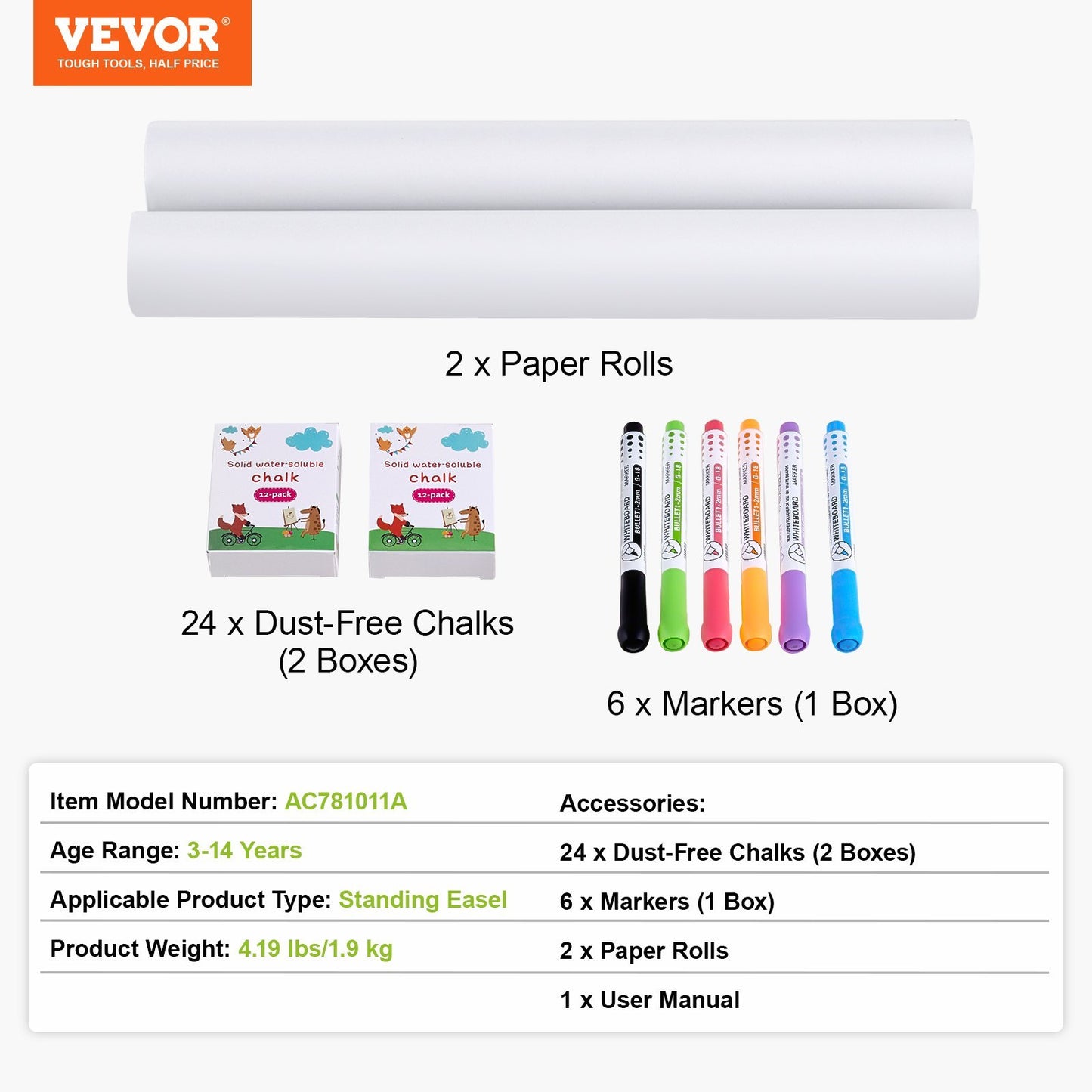 US Local VEVOR Easel Accessory Set Chalk & Markers & Paper Rolls 32PCS For Standing Easel