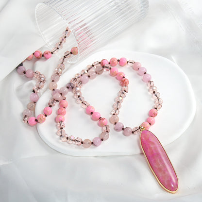 Natural Stone Glass Knotted Necklace Oval Agate Pendant Necklace Sweater Chain