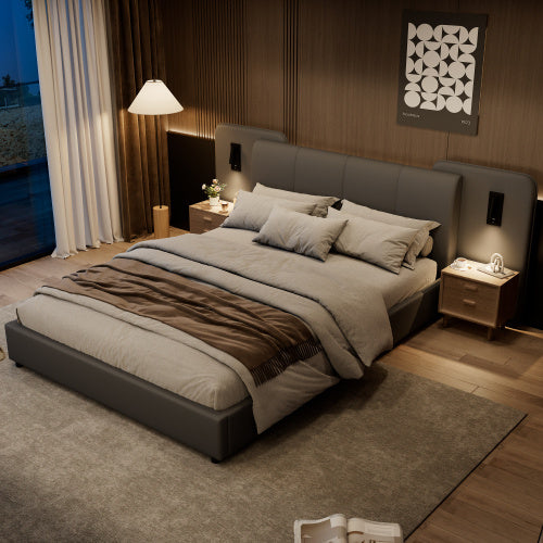 UK Local Upholstered Bed, With Charging Port And Lighting, 4ft6 Double Bed 135x190cm, Soft Sponge Headboard Backrest, Anti-collision Sponge Filling, PU  Plywood,