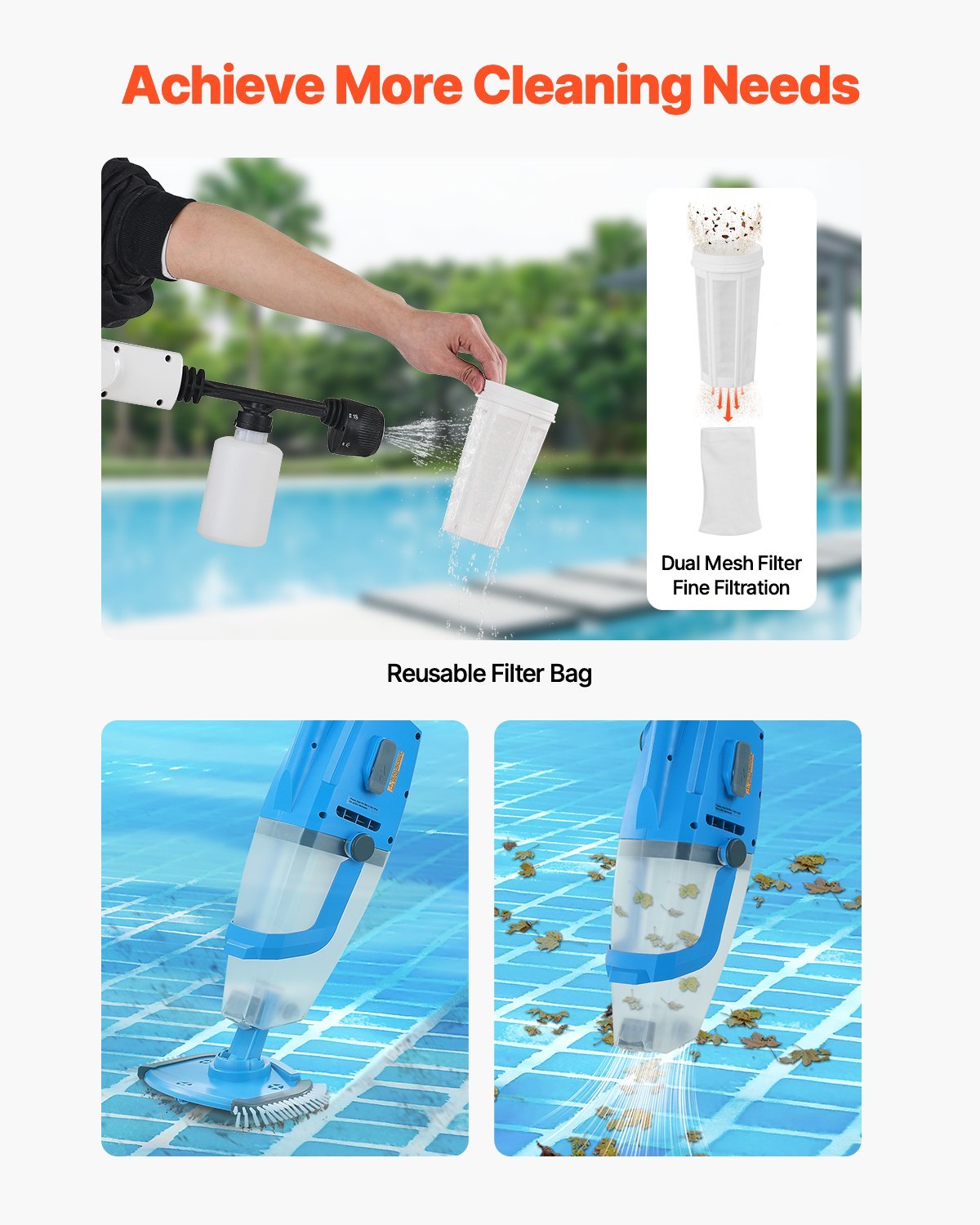 Pool Vacuum, 26 GPM Handheld Cordless Hot Tub Vacuum With Extension Pole, For Deep Cleaning  Strong Suction, Rechargeable Pool Cleaner, Running Up To 1Hour, For Above Ground Inground Pool Spas