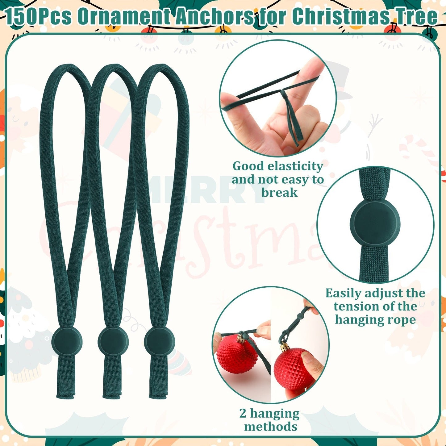 US Local 150Pcs Ornaments String For Christmas Tree, Adjustable Ornaments Ribbon Hangers Christmas Ties String Ribbon Loops For Ornament Hanging Tree Decorations, Green