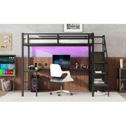 US Local Metal Loft Bed With Wardrobe And Adjustable Shelves