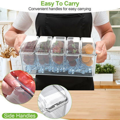 US Local 1 Set Ice Chilled Condiment Caddy Serving Tray Container Bar Garnish Holder Salad Platter Server Food Storage With 5 Removable Containers 5 Lids 2 Tongs 5 Sporks