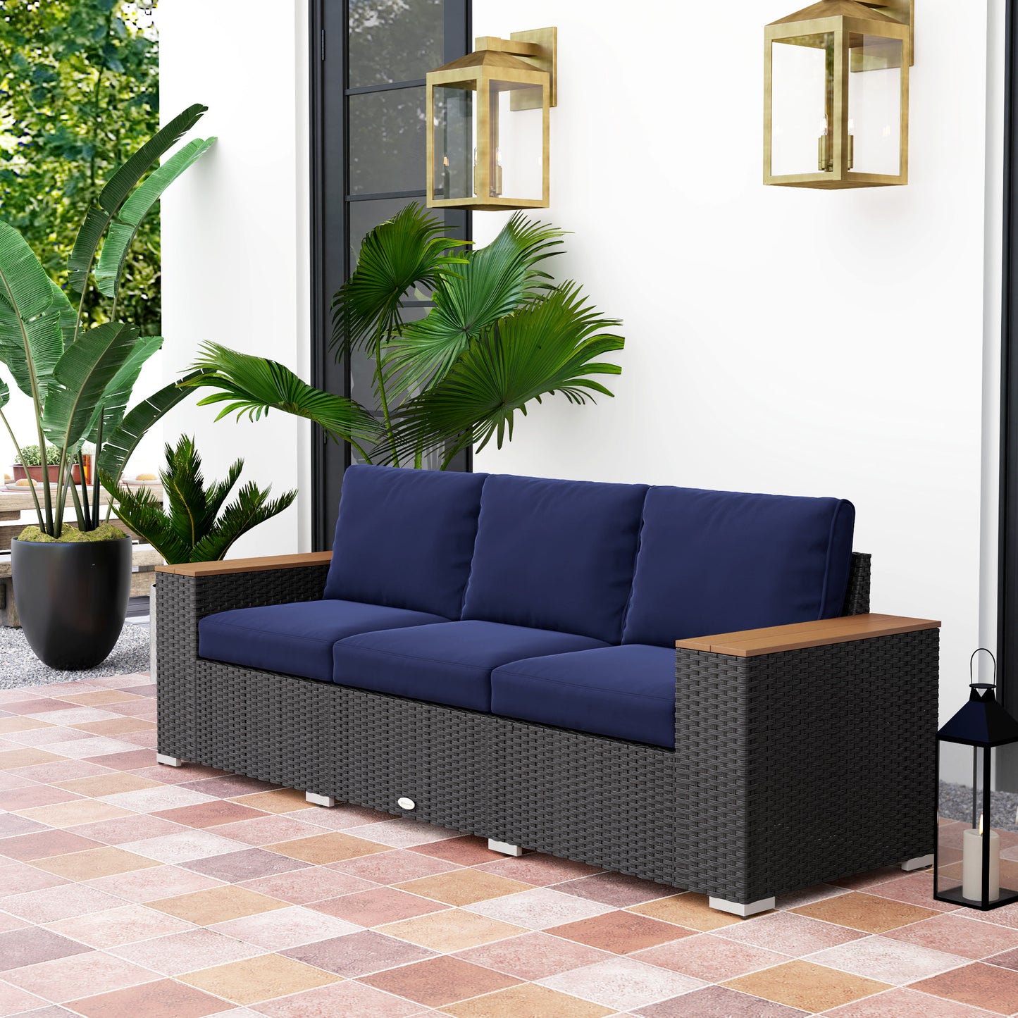 US Local 3-Seat Outdoor Patio Sofa With Cushions, PE Rattan Wicker Sofa With Wide Armrests, Outdoor Wicker Couch, Navy Blue