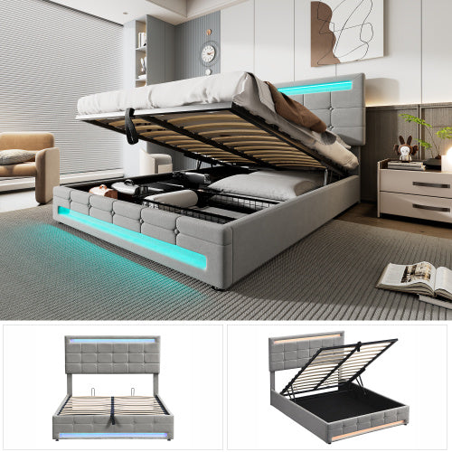 UK Local Upholstered Bed, Hydraulic Bed, Adults Teenagers 4ft6 Double Bed 135x190cm, Square Embellishment, With 7colors LED-light Strips, Velvet Iron, Grey