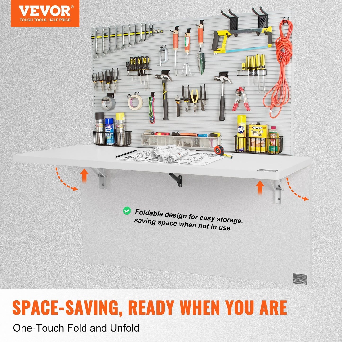 US Local VEVOR Wall Mounted Folding Table, Wall Mount Drop Leaf Table, Floating Desk With Iron Bracket, Fold Down Desk For Small Spaces, Home Office, Dining, Laundry Room, Kitchen, Bar, White