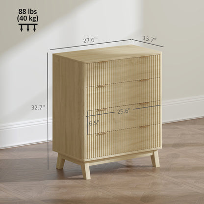 US Local 4 Drawer Double Dresser For Bedroom, Fluted Chest Of Drawers With Gold Finger Pulls And 4 Wood Legs, Natural Wood