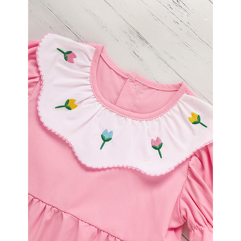 US Local Toddler Baby Girl Spring Tulip Smocked Short Sleeve Dress With Lovely Tulip Embroidery Princess Dresses