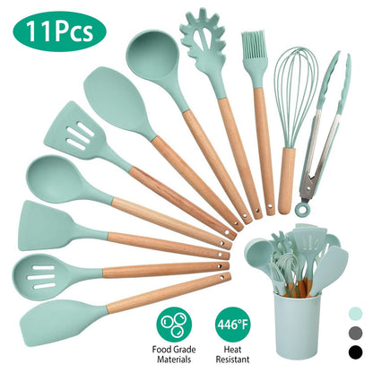 US Local 2 Color Options -- Set Of 11Pcs Silicone Cooking Utensil Set Heat Resist Wooden Handle Silicone Spatula Turner Ladle Spaghetti Server Tongs Spoon Egg Kitchenware Set With Holder