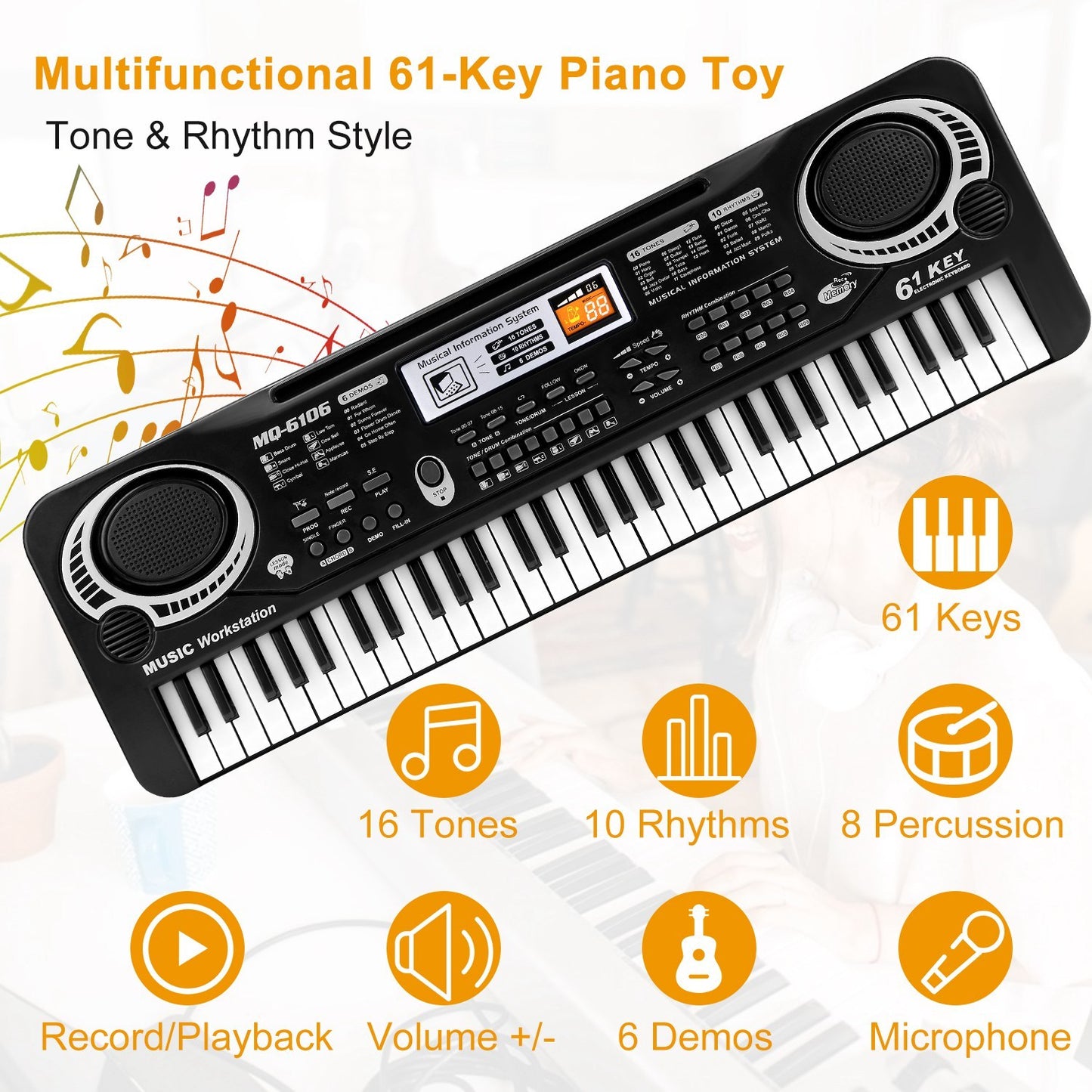 US Local 61 Keys Digital Music Electronic Keyboard Electric Piano Musical Instrument Kids Learning Keyboard With Microphone For Beginners Kids Girls Boys Adults