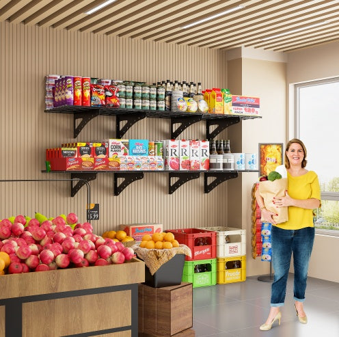 US Local 24X48 Inch Wall Mounted Garage Wall Mounted Shelf, Supermarket Storage Rack, Black, 2-piece Set