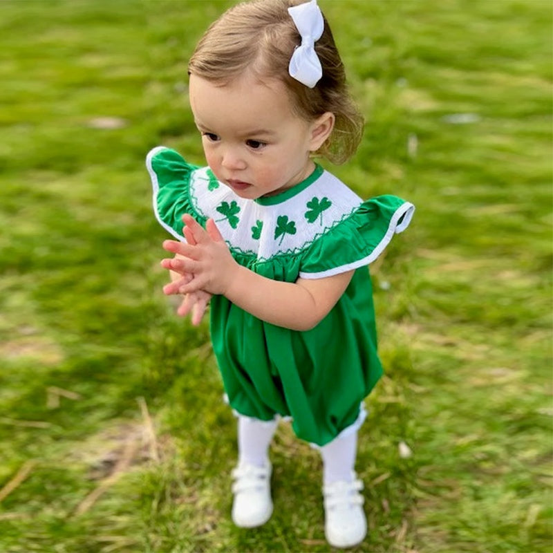 US Local Baby Short Sleeve Romper With Clover Embroidery, Ruffle Trim Playsuit For Summer Vacation