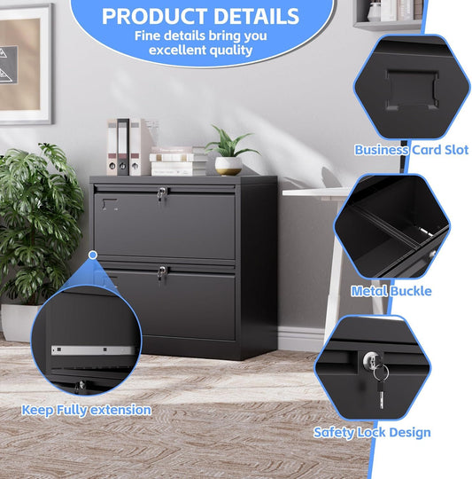 US Local Metal 2 Drawer Lateral File Cabinet With 2 Lock - Wide Filing Cabinet For Letter Legal Hanging Files - Includes Business Card Holder,Home Office School Storage,Black