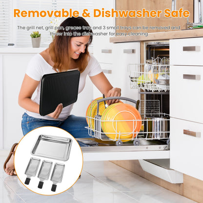 US Local 1 Pc 2000W Electric Indoor Grill 2 In 1 Electric BBQ Gill With Grill Net Removable Plate 5 Temperature Control 3 Small Trays Dishwasher Safe