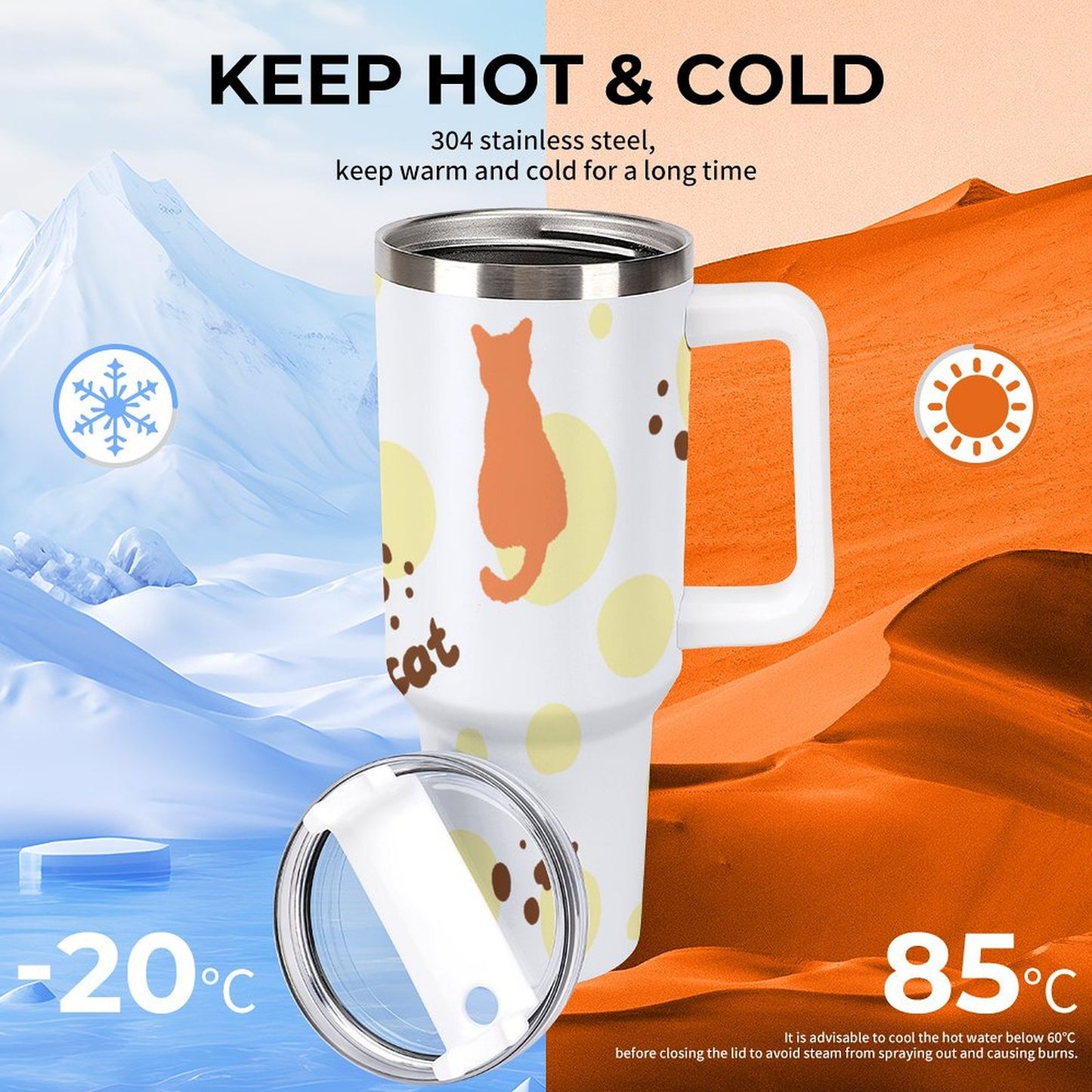 PHDT00264 POD US Local Tumbler 40 oz Large Capacity Car Cup Cat Footprints Yellow