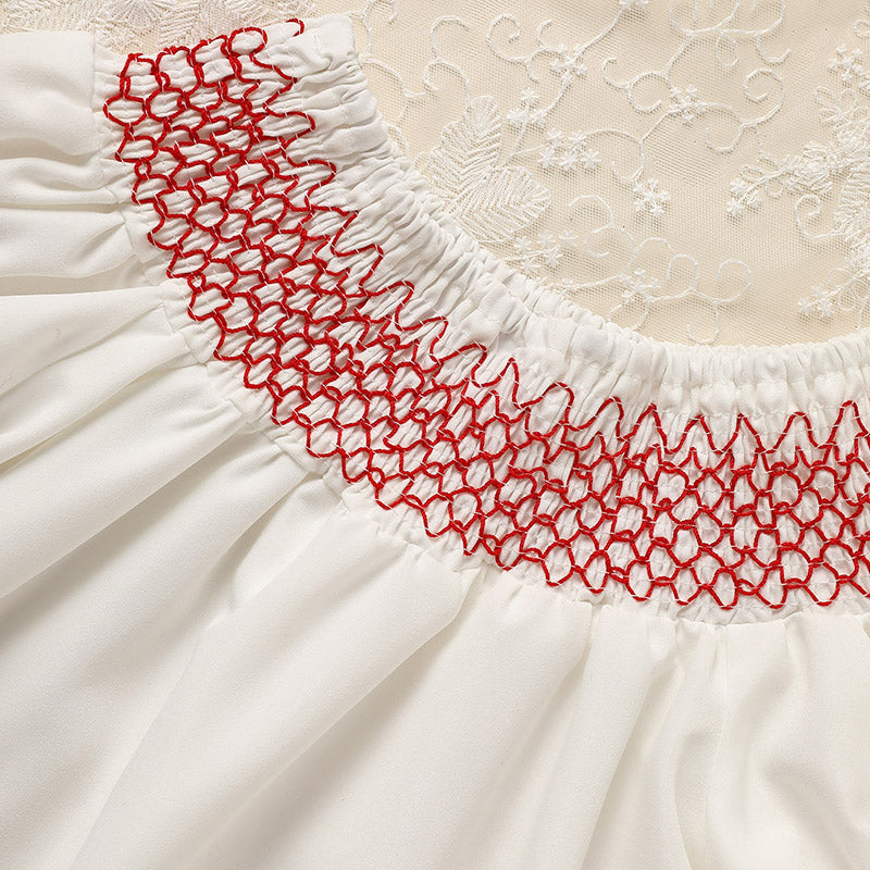 US Local Infant Baby Girl Valentines Day Dress Lace Short Sleeve Round Neck White With Red Embroidery Party Dress