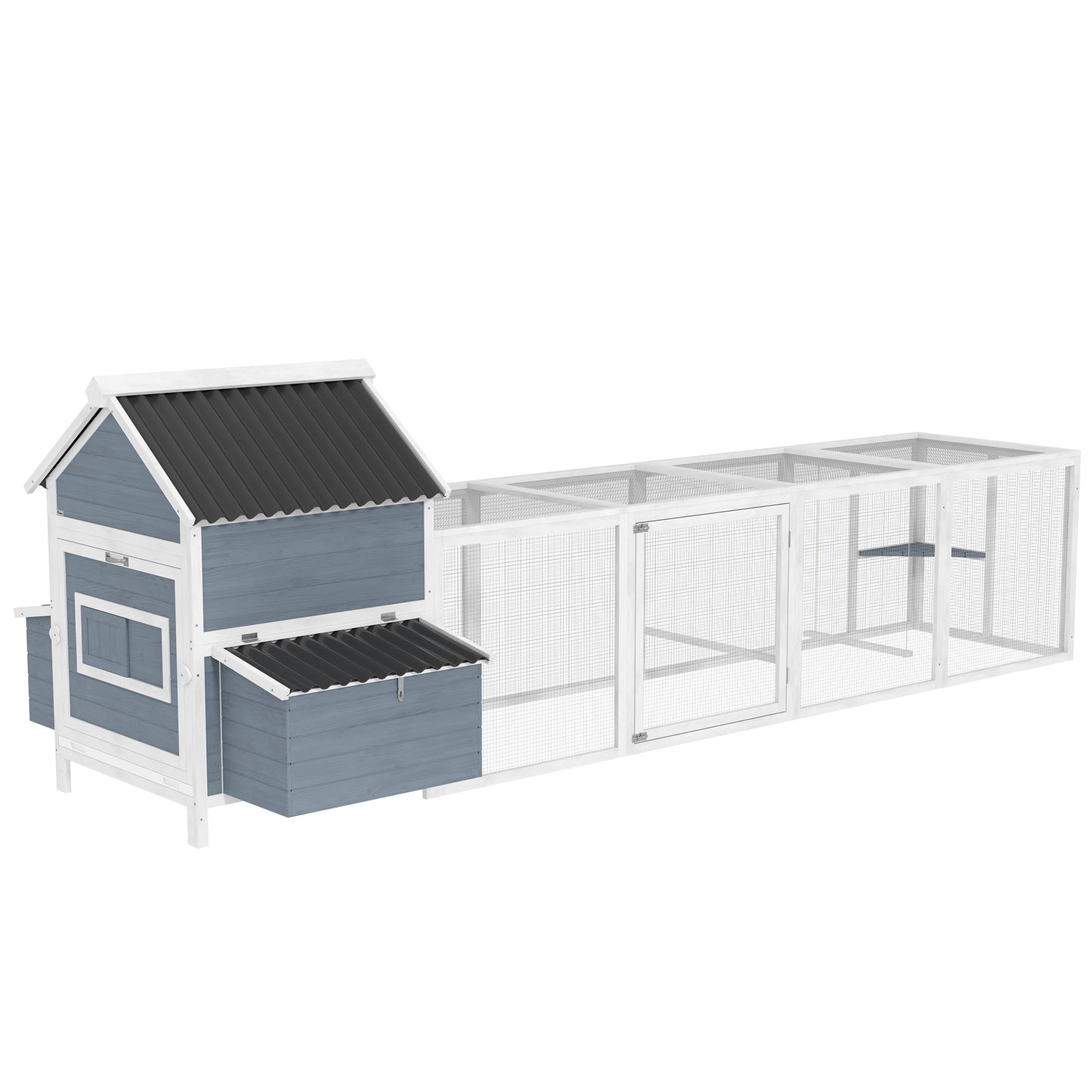 US Local 156 Extra Large Wooden Chicken Coop With 2 Nesting Box, Run Cage, Waterproof Wave Roof, For 10-15 Chickens, Light Gray