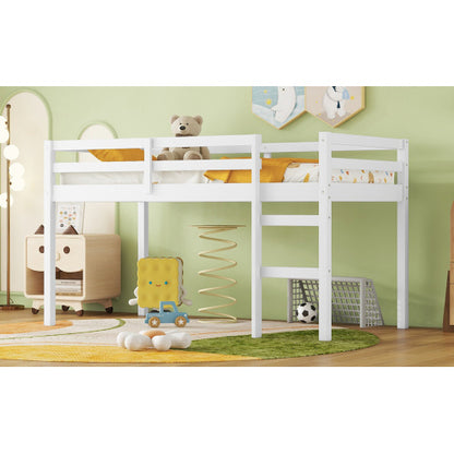 US Local Solid Wooden, Rubber Wooden Twin Loft Bed With Ladder, Bed Platform Of Strengthened Slats , White
