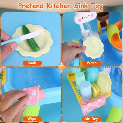 US Local 3 In 1 Kitchen Sink Toy With Electric Faucet Water Table Fishing Game Role Play Sink Set Indoor Outdoor For Kids Aged 3+ Years Old GPCT5464