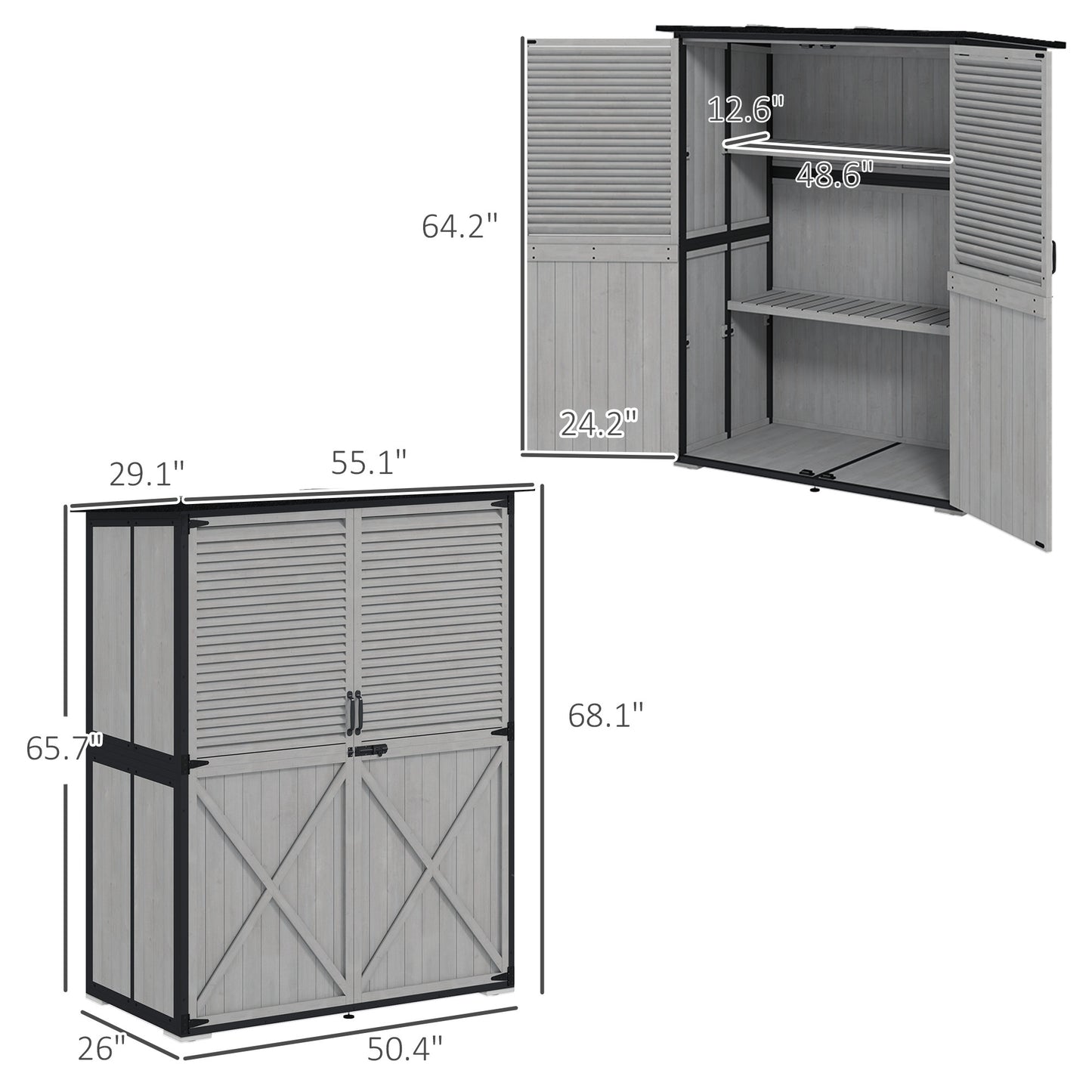 US Local Wood Storage Shed, Outdoor Garden Shed With Asphalt Roof, 2 Shelves, Lockable Doors And Adjustable Feet, Gray