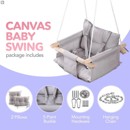 US Local Canvas Baby Swing Wooden Hanging Swing Seat Chair With Safety Belt Durable Baby Swing Chair Outdoor And Indoor Swing For Kids Mounting Hardware Included Taupe Gray