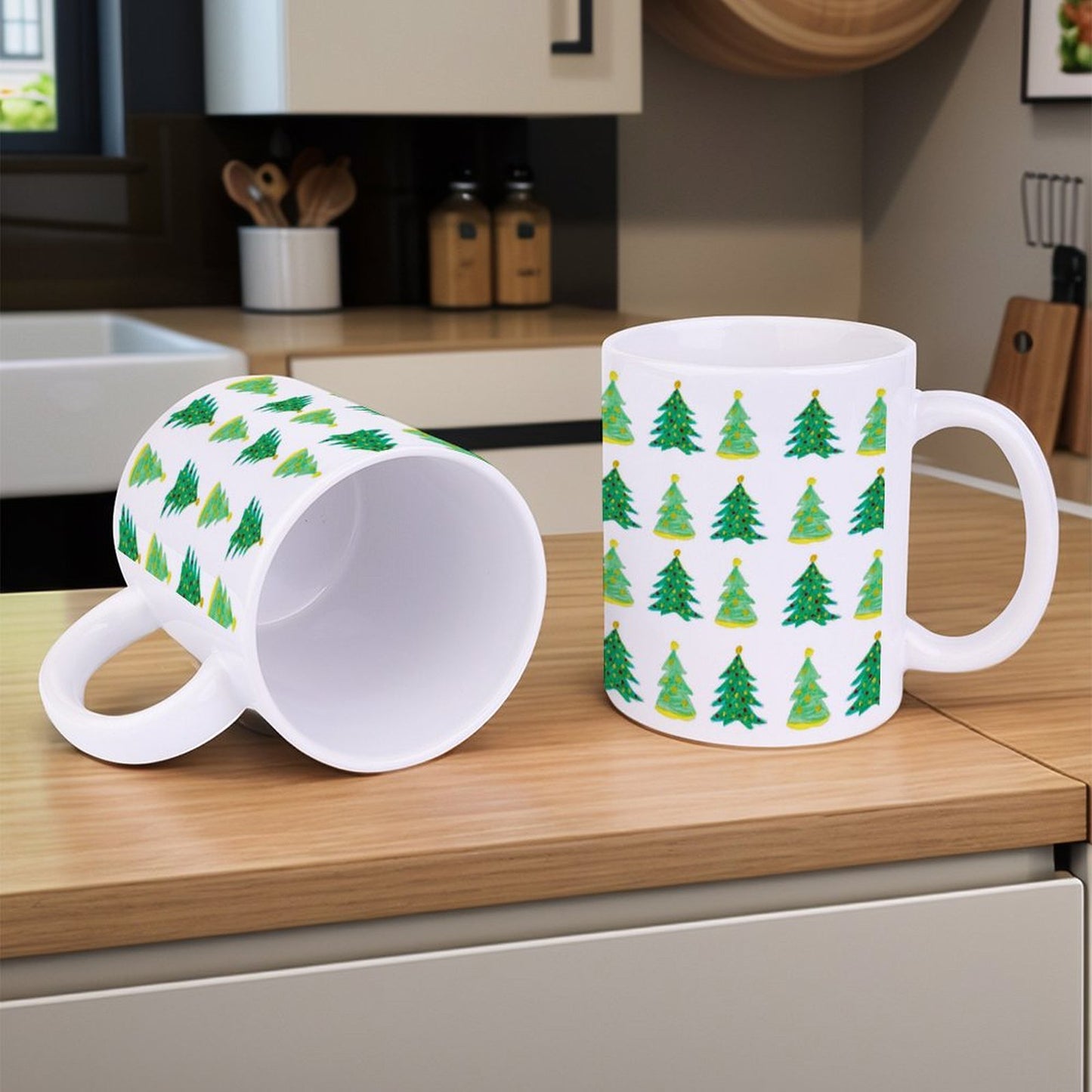 POD US Local White mug with full print, Christmas Tree, Hand Painted, Green 0009