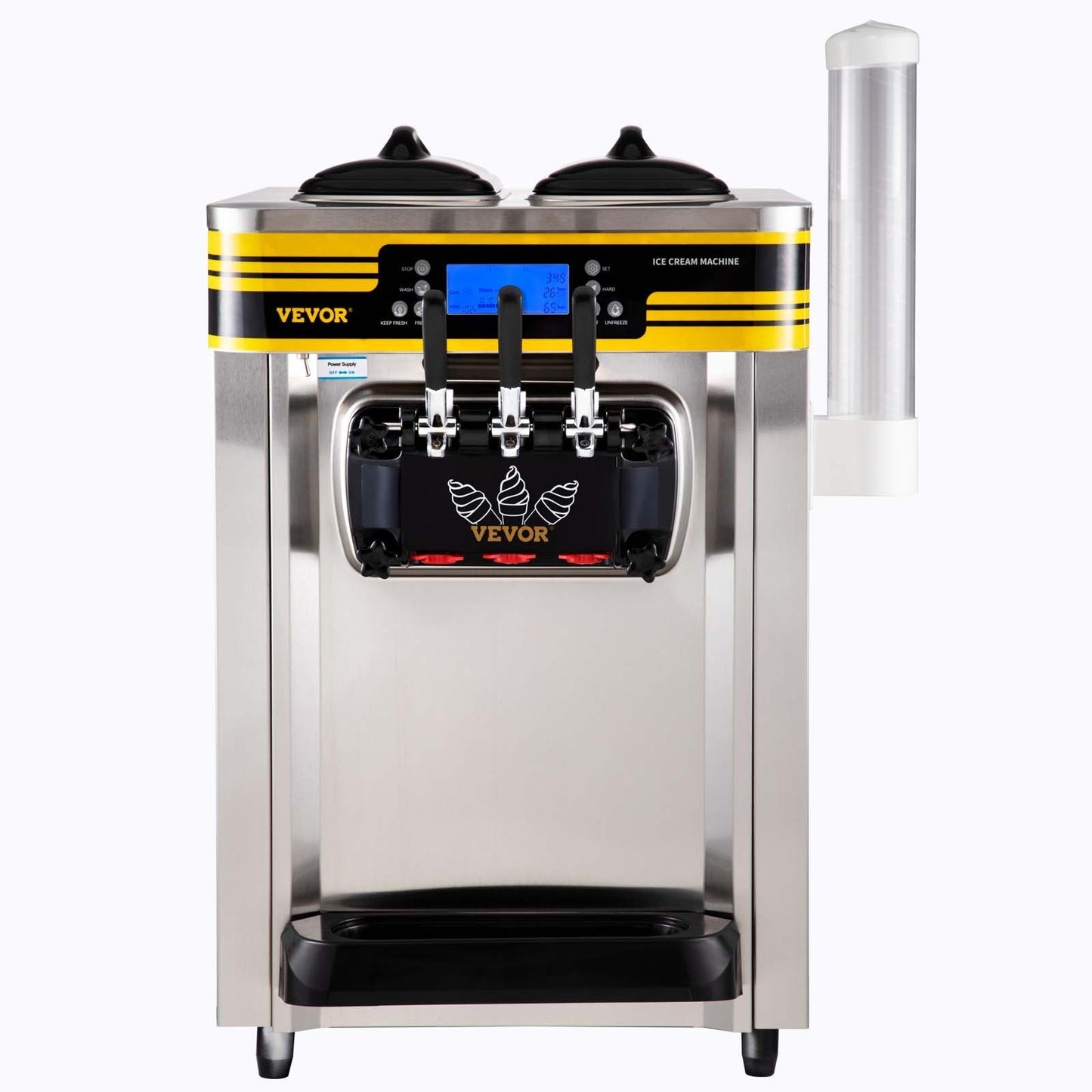 Commercial Ice Cream Maker, 22-30L H Yield, 2350W Countertop Soft Serve Machine W 2x6L Hopper 2L Cylinder LCD Panel Puffing Shortage Alarm, Silver