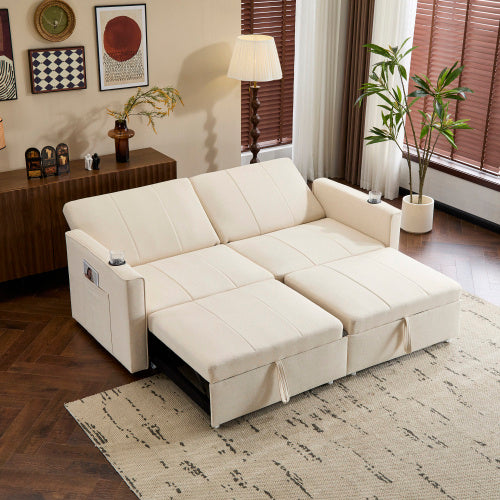 UK Local 207cm King Size Independent Pull Out Sofa Bed, Convertible Fabric Sofa Chair With Cup Holders, Side Pockets, Fabric Loveseat Couch Chaise Lounge For Living Room, Apartment