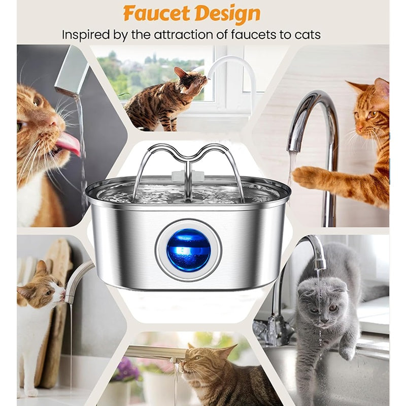 US Local 3.2L Cowhorn Model Pet Water Dispenser - Stainless Steel Automatic Water Fountain With 4 Replaceable Filters