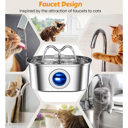 US Local 3.2L Cowhorn Model Pet Water Dispenser - Stainless Steel Automatic Water Fountain With 4 Replaceable Filters