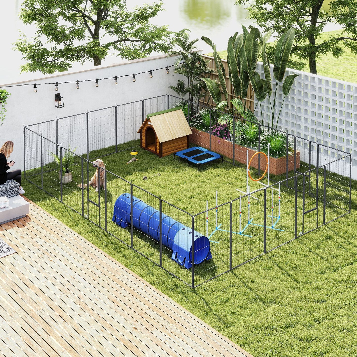 US Local Dog Playpen For Indoor Outdoor, 24 Panels 44.5 H Puppy Playpen With Lockable Door, DIY Shape Pet Exercise Fence, Black