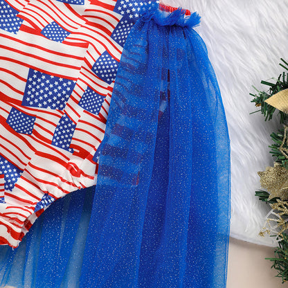 US Local Baby's Independence Day Style Flag Pattern Triangle Bodysuit, Casual Sleeveless Bowknot Romper