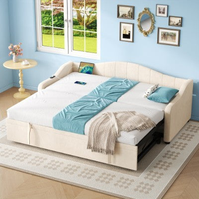 UK Local Upholstered Bed 90x190cm, Daybed, Sofa Bed With Charging Station, 3ft Single Velvet Bed With USB And Type - C Ports, Pull Out Trundle Bed For Living Room Bedroom Study Room, Beige No Mattress