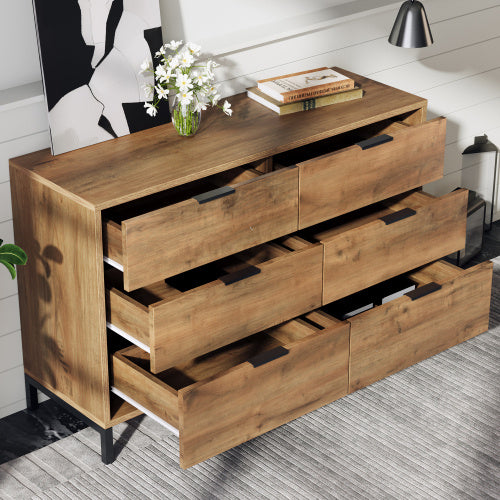 UK Local Sideboard Cabinet For Living Room, Chest Of Drawers With 6 Drawers, Dark Oak, 40D X 120W X 76H Centimetres