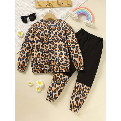 US Local Toddler Girls Fall Winter Outfits Leopard Letter Print Crewneck Long Sleeve Sweatshirt Top & Sweatpant 2 Piece Clothing Set