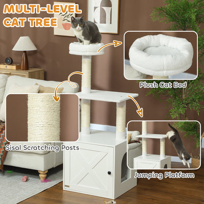 US Local Cat Tree With Litter Box Enclosure, Scratching Posts, Bed, Climbing Platforms For Indoor Cats, White