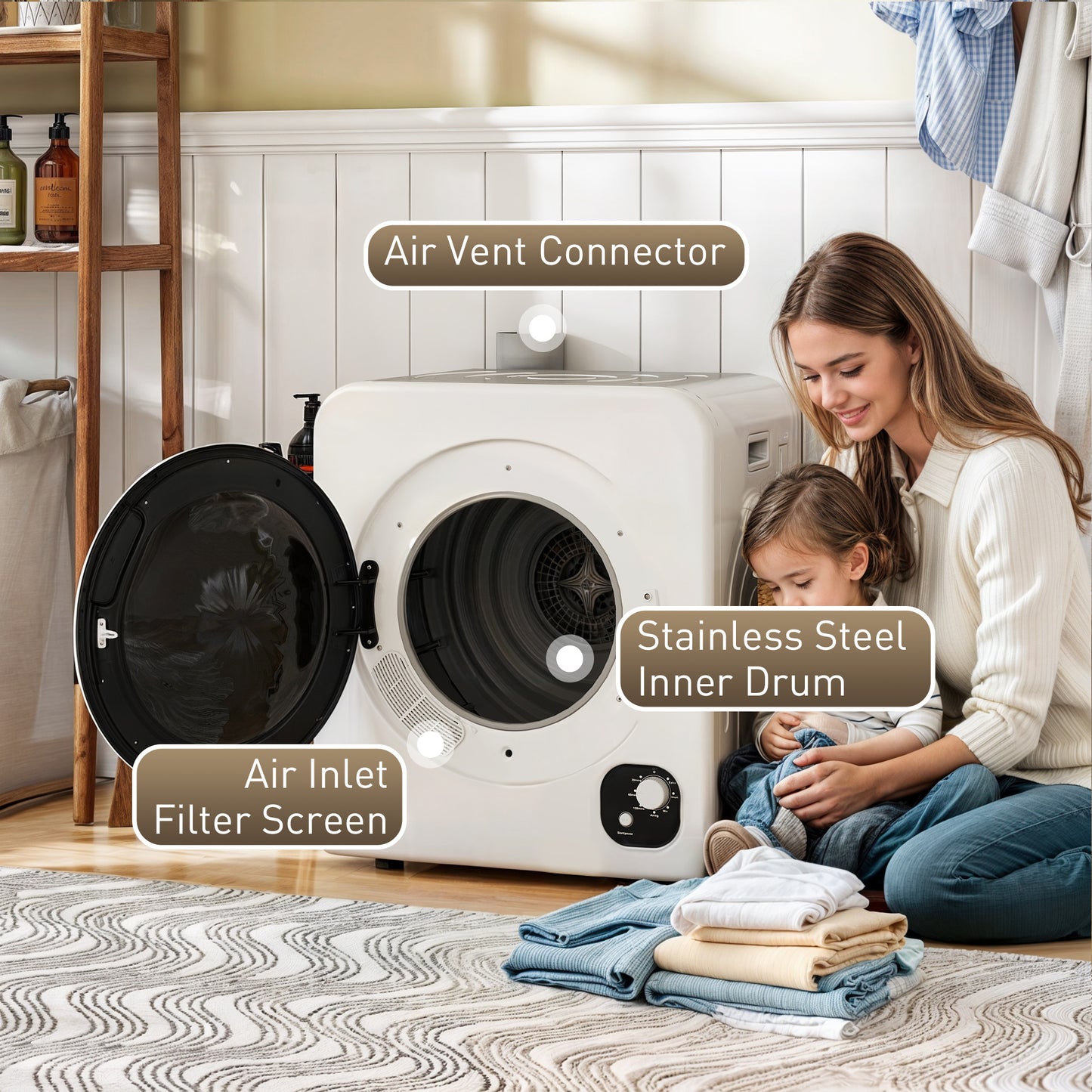 US Local 120V Portable Clothes Dryer, 1300W Compact Laundry Tumble Dryer Machine 3.3 Cu. Ft. With Stainless Steel Tub, White
