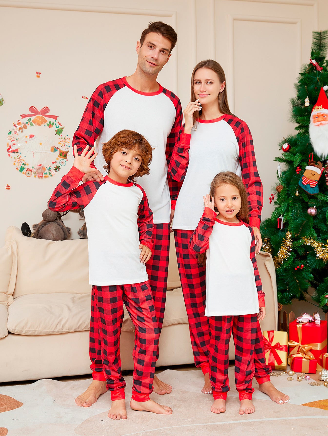 Christmas Solid Color Plaid Printed Christmas Parent-child Homewear Suits