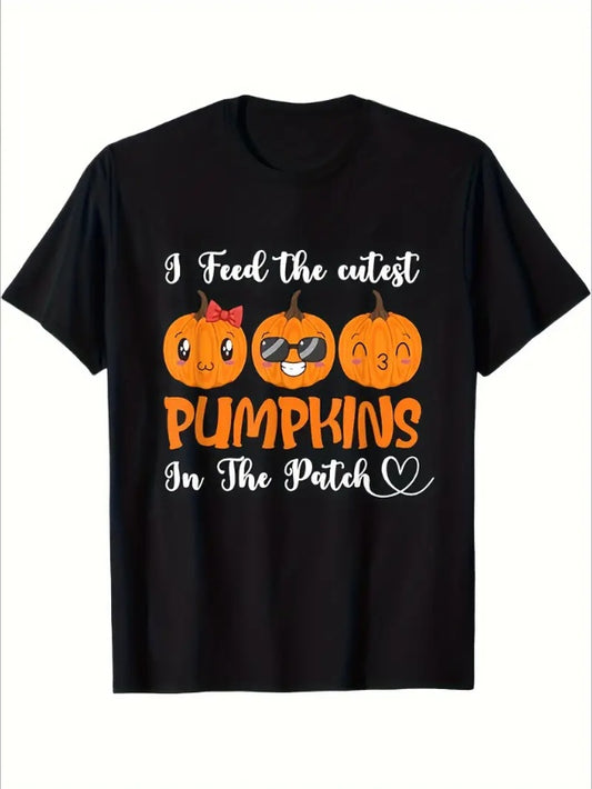 Men'S Casual  T-Shirt With Cute Pumpkin Print, Round Neck, Regular Fit, Thanksgiving Graphic Tee For Outdoors  No Stretch, All Seasons