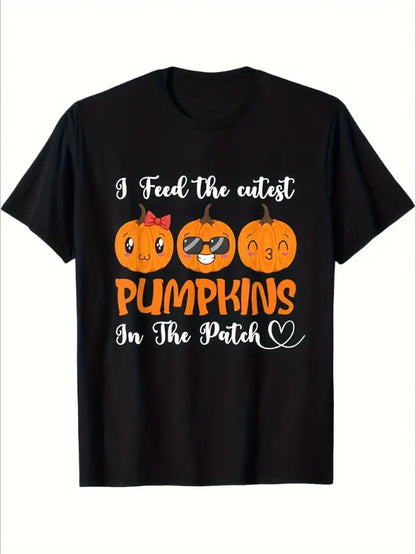 Men'S Casual  T-Shirt With Cute Pumpkin Print, Round Neck, Regular Fit, Thanksgiving Graphic Tee For Outdoors  No Stretch, All Seasons