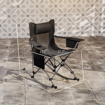 US Local Folding Rocking Camping Chairs, Portable Chairs With Headrest, Cooler Bag, Cup Holder, Carry Bag, 2 Pack, Black