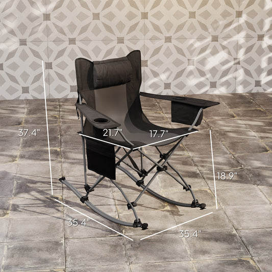 US Local Folding Rocking Camping Chairs, Portable Chairs With Headrest, Cooler Bag, Cup Holder, Carry Bag, 2 Pack, Black