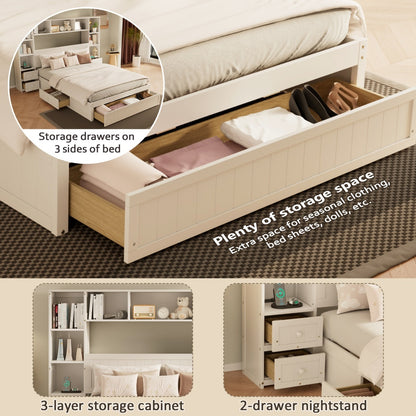 US Local Queen Size Pine Wood Platform Bed With All-In-One 2 Nightstand, Storage Shelf And Cabinet Bookcase With 2 Charging Stations, Multi-Functional Captain Bed Frame With 3 Drawers, No Box Spring Needed