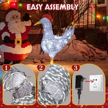 2FT Lighted Christmas Rooster Outdoor Decoration, Weather Proof Plush Rooster Christmas Ornament Home Decor Pre-lit 50 LED White Lights With Stakes