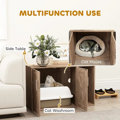 US Local Cat Litter Box Enclosure With Scratching Board, Cat Washroom End Side Table, 31.5 X 19 X 20 Inch, Walnut Brown