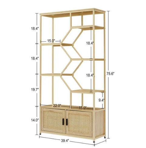 US Local Bookshelves In Rattan, 7-tier Bookcase Storage Shelves For Living Room, Home Office, Natural Color