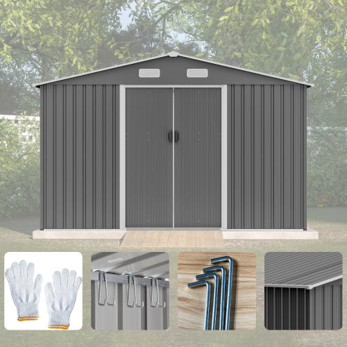 10X8 FT Outdoor Storage Shed, Metal Foundation & Lockable Doors, Tool Shed For Garden, Patio, Backyard, Lawn, Grey