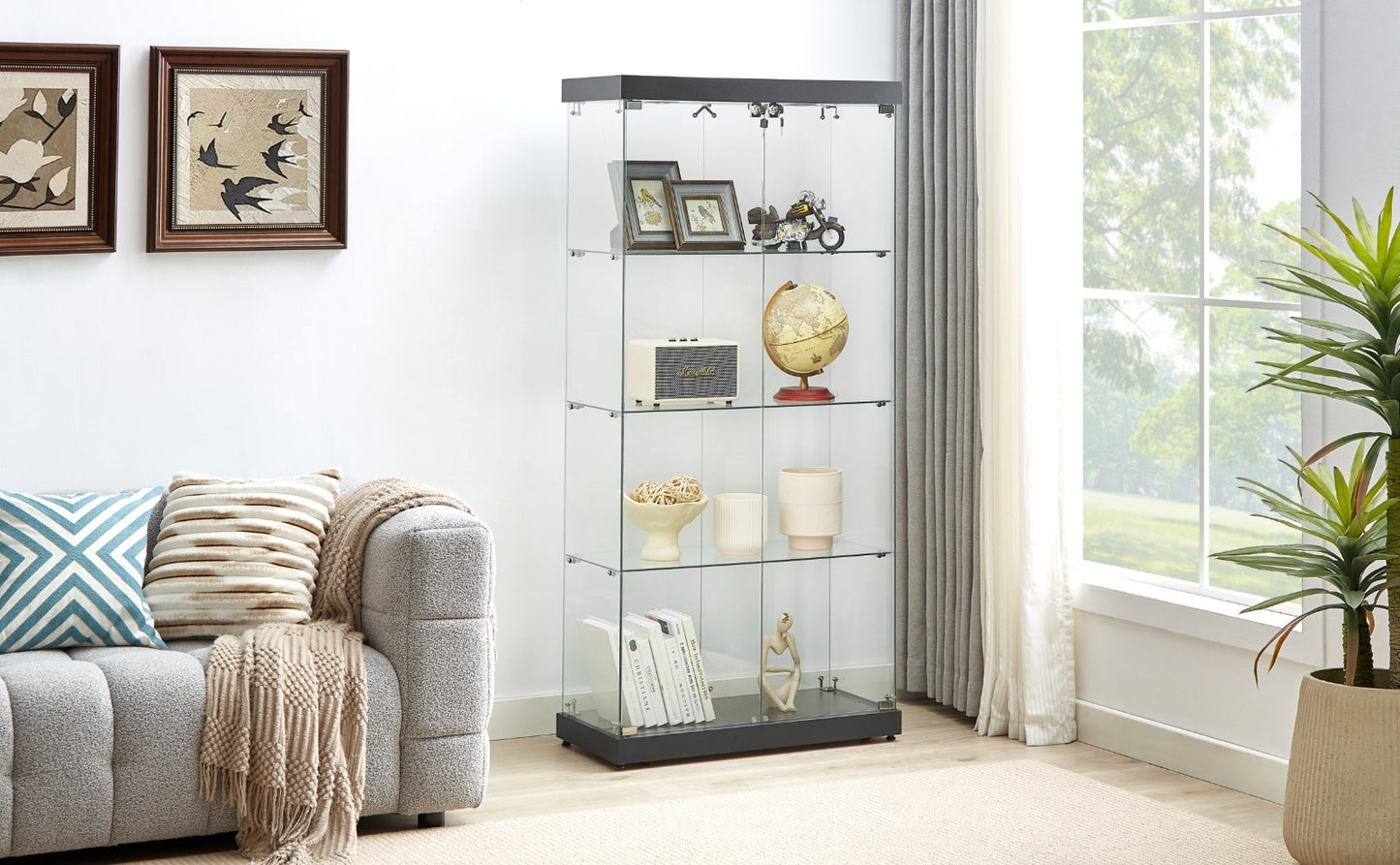 US Local 4-Tier Glass Display Cabinet, Double Door Glass Cabinet, Four Partitions, Two Locks, Floor Standing