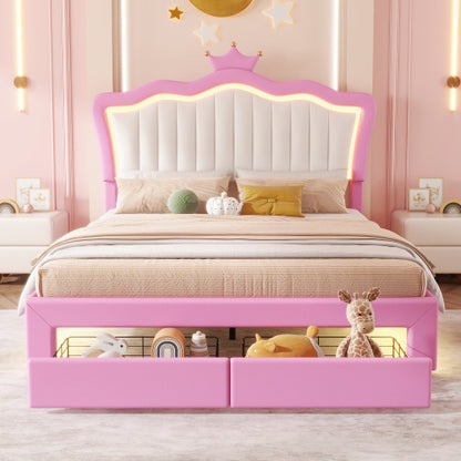 US Local Full Size Upholstered Bed Frame With LED Lights, Modern Upholstered Princess Bed With Crown Headboard, 2 Drawers
